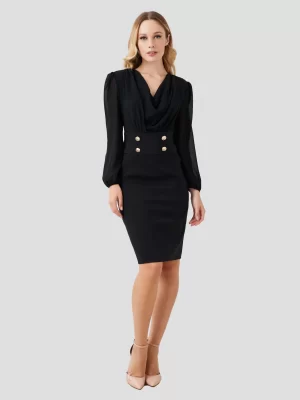 Rinascimento - Two-piece effect Dress with Buttons and Cowl Neck Black