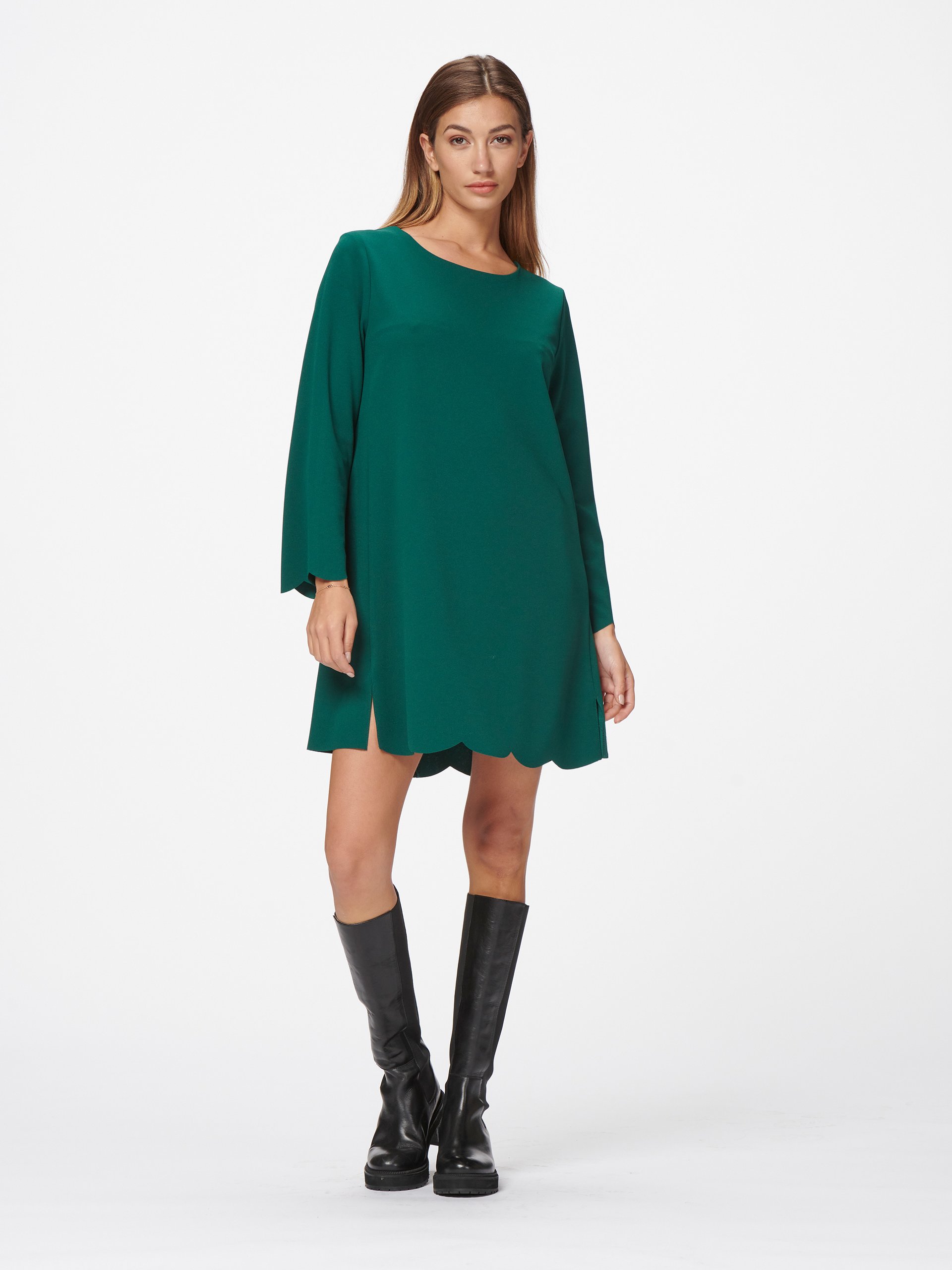A-line Crêpe Dress with Scalloped Hems