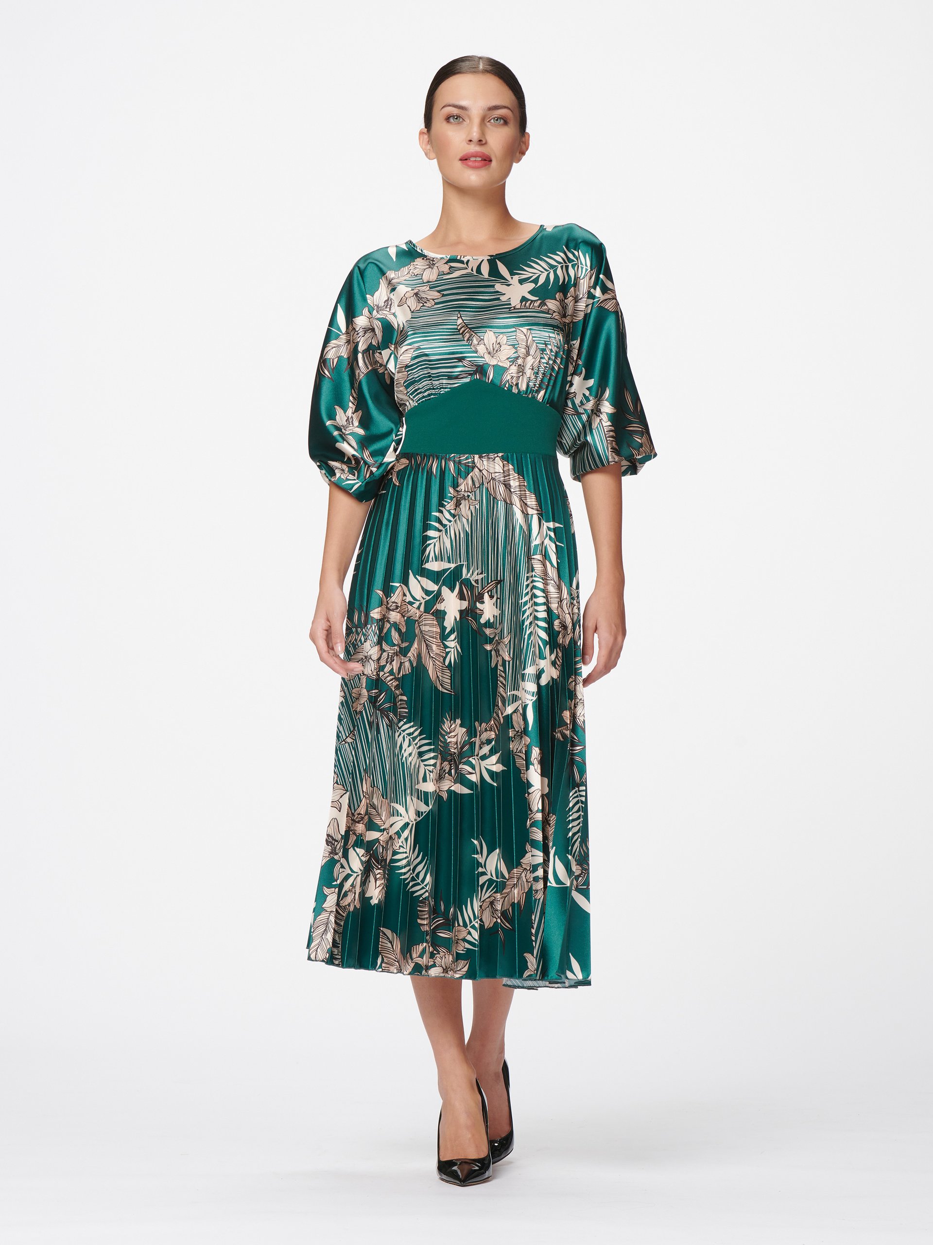 Rinascimento - Printed Satin Dress with Plissé Skirt