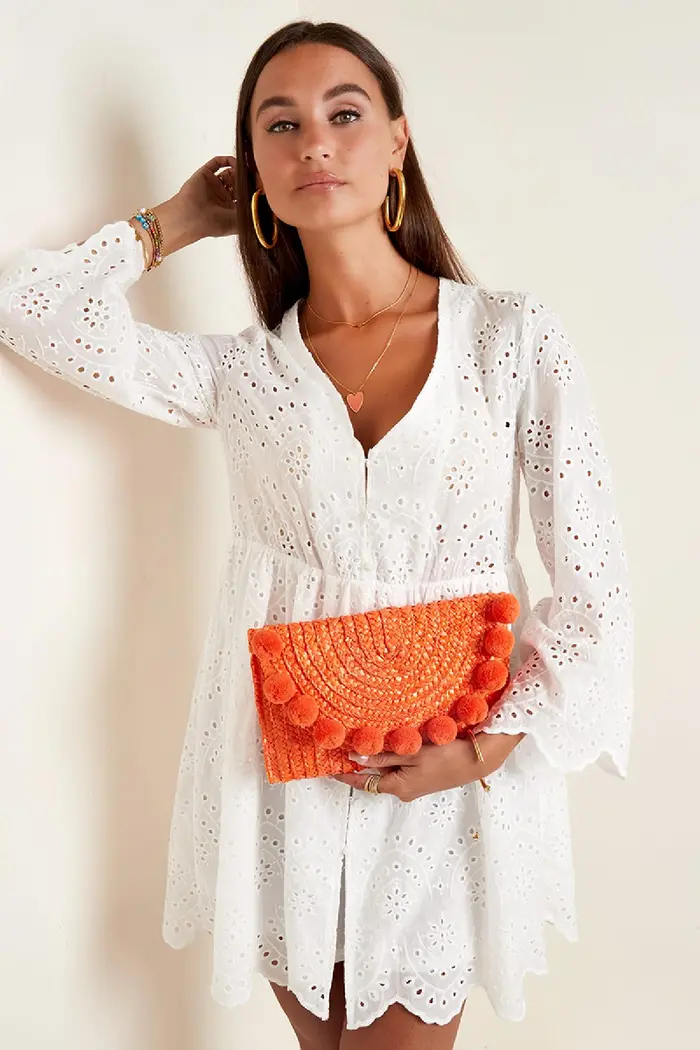 Strandclutch met pompoms- Oranje - Afbeelding 2