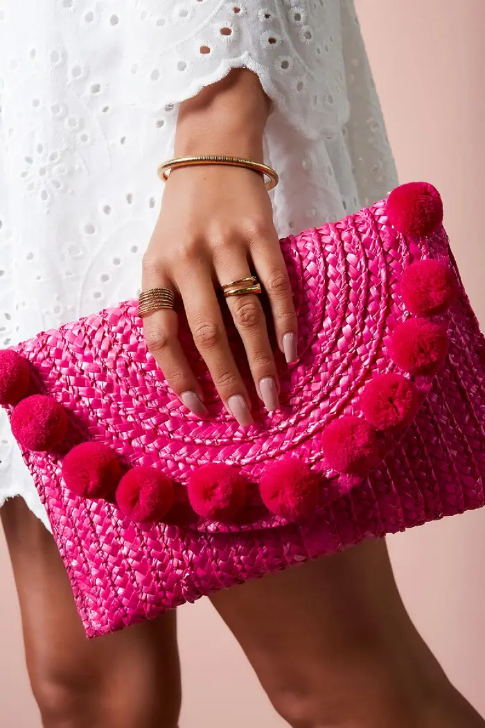 Strandclutch met pompoms- Oranje - Afbeelding 3