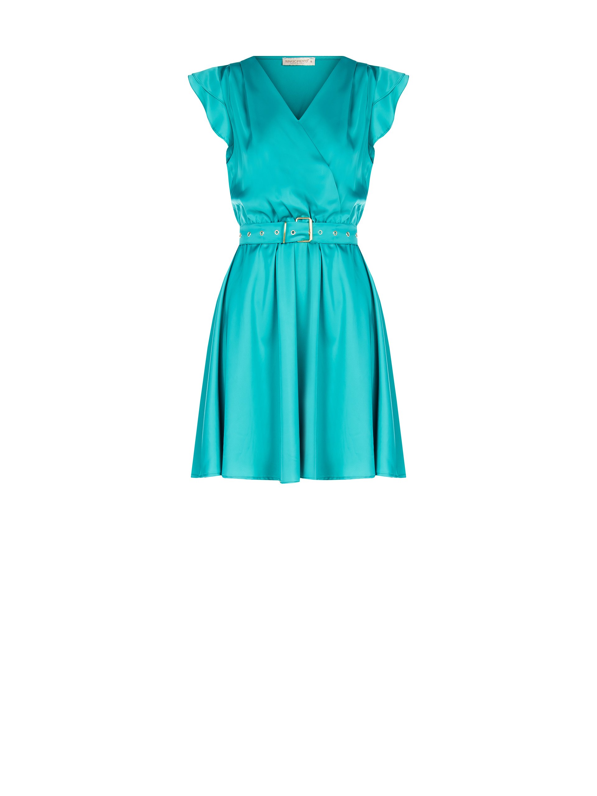 Rinascimento Satin dress with cap sleeves and belt - Petrol
